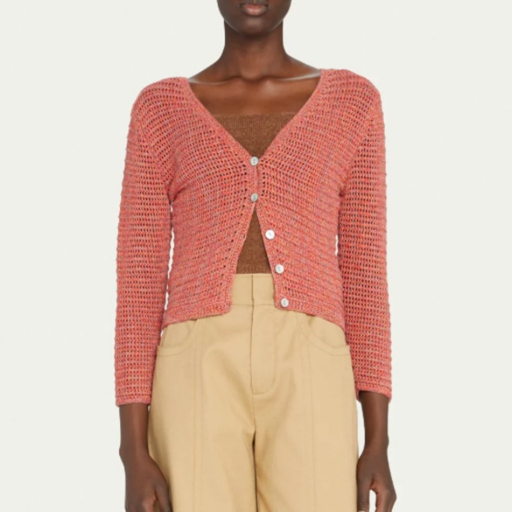 VINCE Marled Crochet Cardigan, M, Burnt Coral